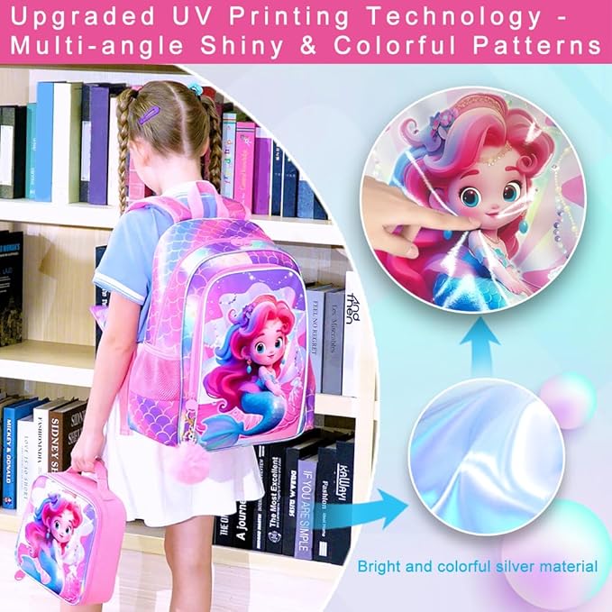 3Pcs Mermaid Backpack for Girls, 16" Kids Bookbag for Elementary Preschool Kindergarten, School Backpacks with Lunch Box(Pink)
