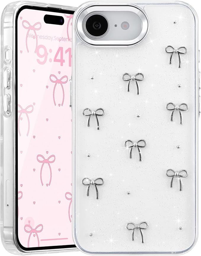 EYZUTAK Case for iPhone 16e, Bling Glitter 3D Bowknot Phone Case Cute Sparkly Crystal Clear Bow Aesthetic Design Cover Slim Soft Durable TPU Transparent Protective Cover for Women Girls - Bow