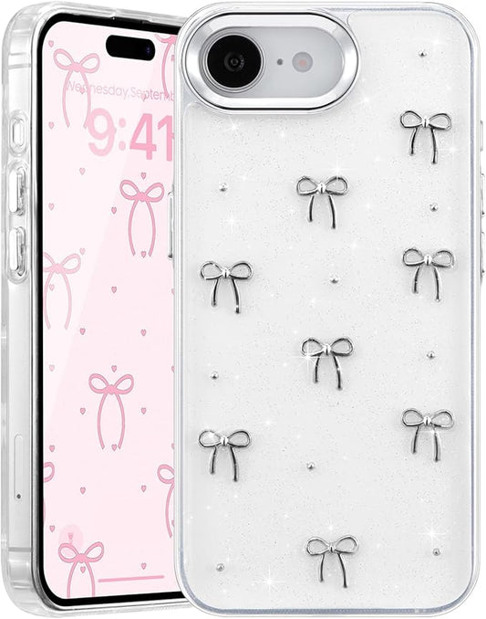 EYZUTAK Case for iPhone 16e, Bling Glitter 3D Bowknot Phone Case Cute Sparkly Crystal Clear Bow Aesthetic Design Cover Slim Soft Durable TPU Transparent Protective Cover for Women Girls - Bow