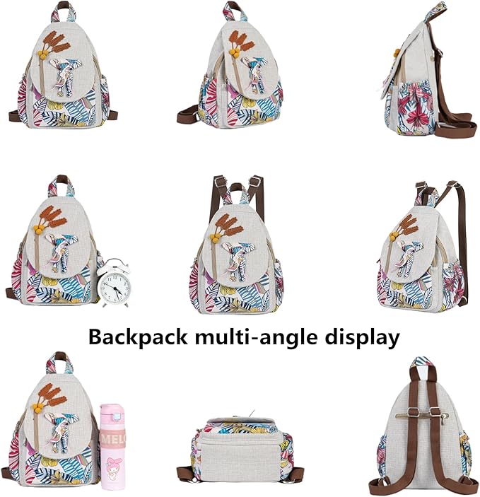 HUANGGUOSHU Women Cotton Woven Bohemian Hemp Boho Canvas Embroidery Multi Pocket Retro Cute Backpack Wallet Backpack Nature Animal Motif