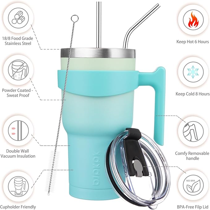 BJPKPK 30 oz Tumbler With Handle And Straw Lid Stainless Steel Travel Coffee Insulated Tumbler Cups,Mint