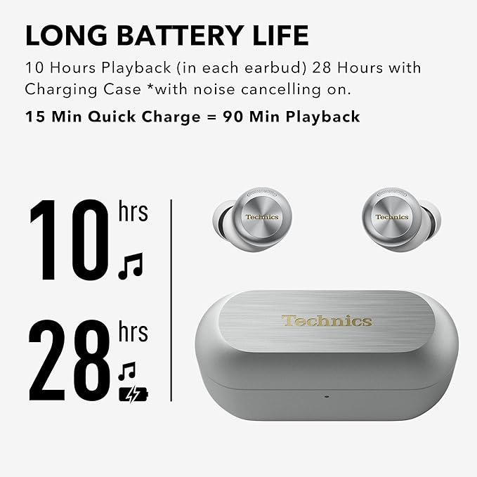 Technics Reference Class Hi-Fi Wireless Earbuds, Dolby Atmos with Head Tracking, Adaptive Noise Cancelling, 3 Device Multipoint, 10-hr Battery, Wireless Charging, Improved Fit - EAH-AZ100-S (Silver)