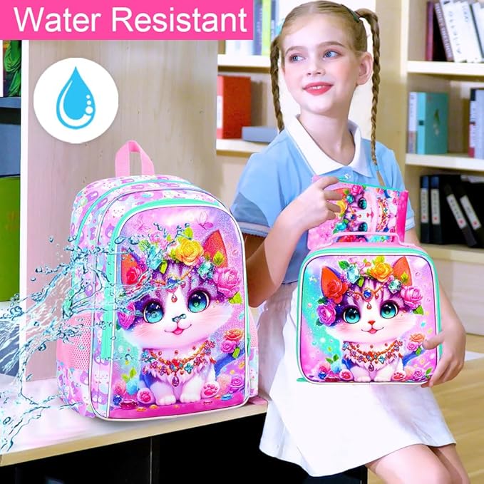 3Pcs Cat Backpack for Girls, 16" Kids School Backpacks with Lunch Box, Bookbag for Elementary Preschool Kindergarten(Pink)