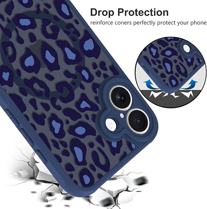 KANGHAR Case for iPhone 16 Plus Blue Leopard Printed Pattern Cute Cheetah [Compatible with Magsafe] Protective Magnetic Case for Girls Women 6.7"
