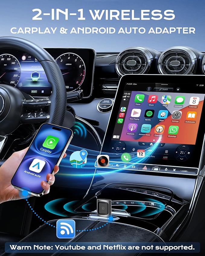 AuroraLink Wireless Carplay & Android Auto Adapter 2-in-1 Stable & No Delay Carplay Wireless Adapter Convert Wired to Wireless Car Play Dongle for iOS 10+/Android 11+ (Grey)