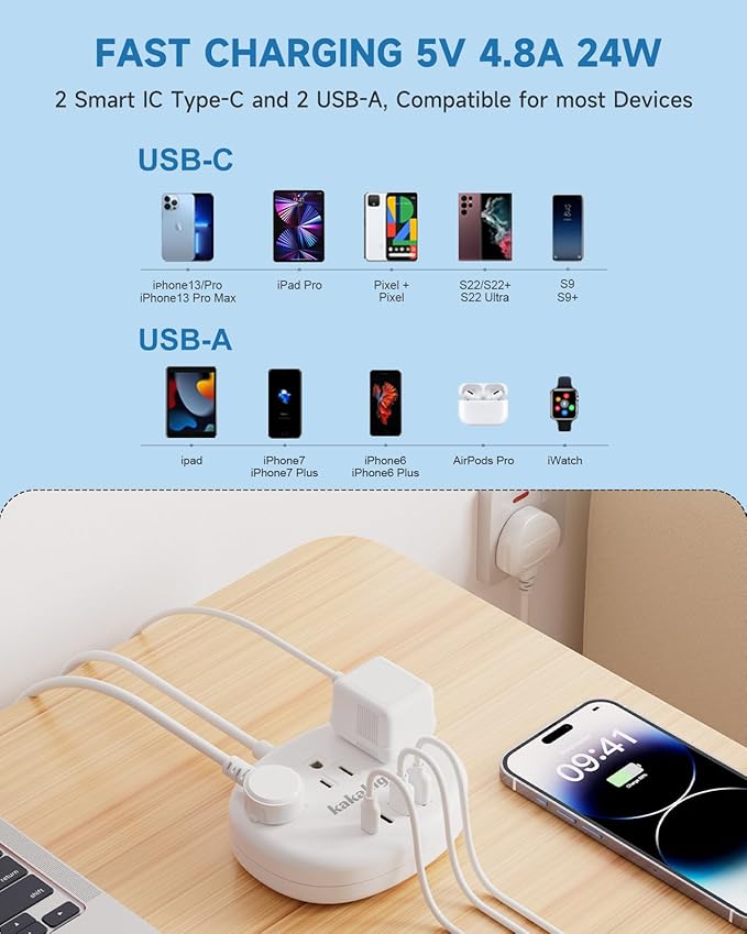UK Adapters for Travel(13A), US to UK Plug Adapter with 3 Outlets 4 USB Ports (2 USB-C) Total Output 24W, Type G Travel Adapter for USA to British Ireland Scotland Hong Kong