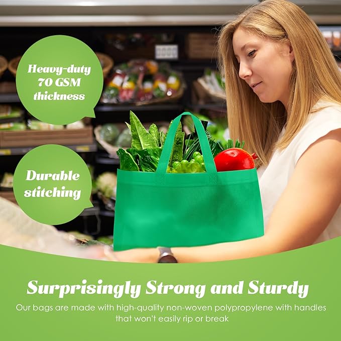 Reginary Reusable Totes Bags - 100 Pcs Non Woven Grocery Handle Bags for Shop Events & Retail Store(Green)