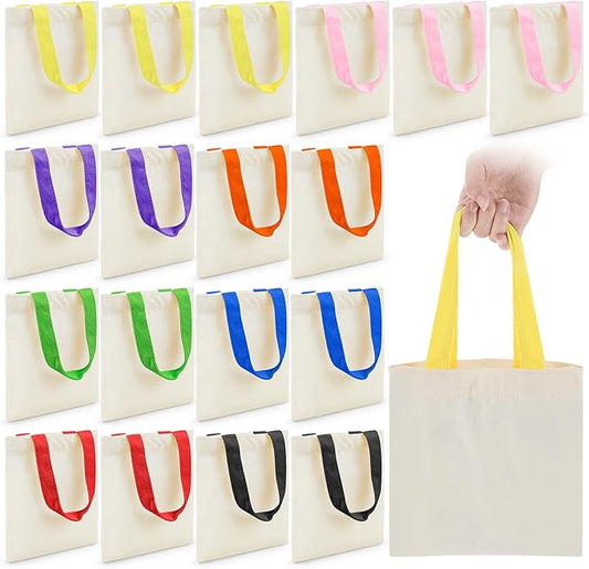 Amylove 24 Pcs Mini Tote Bag Sublimation Blank Canvas Tote Bags Reusable Grocery Luggage DIY Sack Goody for Party Even (10 x 10 Inch,Natural with Colorful Handle)