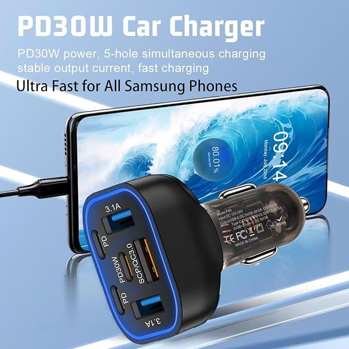 6 in 1 Multi Port USB C Car Charger Adapter PD 30W 6 Ports Super Fast Charging Cigarette Lighter Adapter 2 USB-C for MacBook iPhone 16/15/14/13/12 Galaxy Android Phones