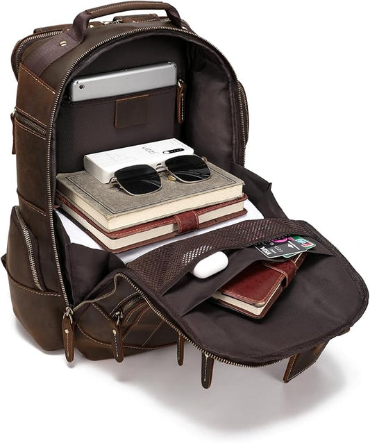LANNSYNE Vintage Genuine Leather Backpack for men, 15.6" Laptop Backpack Travel Camping 24L Rucksack