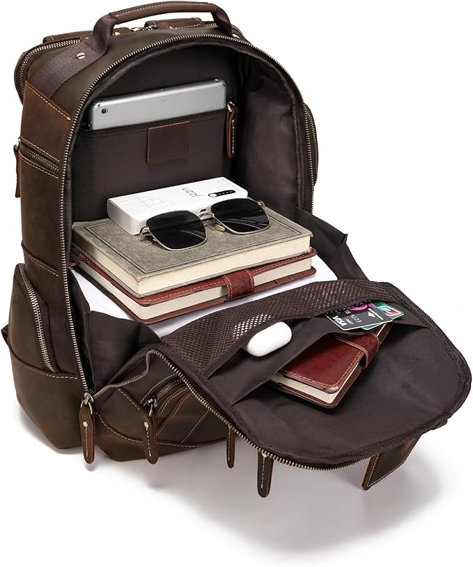 LANNSYNE Vintage Genuine Leather Backpack for men, 15.6" Laptop Backpack Travel Camping 24L Rucksack