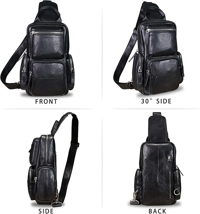 IVTG Genuine Leather Sling Bag Crossbody Casual Hiking Daypack Vintage Handmade Chest Bag Shoulder Backpack Motorcycle Pack (Darkgrey)