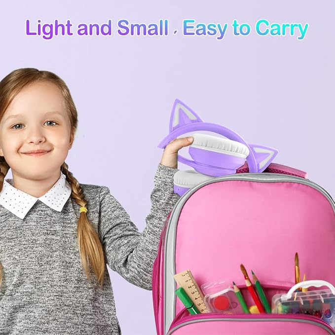 LOBKIN Bluetooth 5.4 Kids Headphones with Case - RGB LED Light Up Cat Ears Foldable Adjustable Over Ear Headphone Support Wireless or 3.5mm Wired Mode for Toddler & Girls & Boys Teens