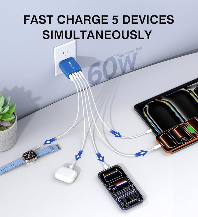 (2-Pack) 60W USB C Wall Charger Block, 5-Port C Charger Fast Charging Block PD Power Adapter +QC 3.0 Multiport Type C Box Brick Cube USB A Wall Plug for iPhone 15/16/17 Pro Max,Samsung (Dark Blue)