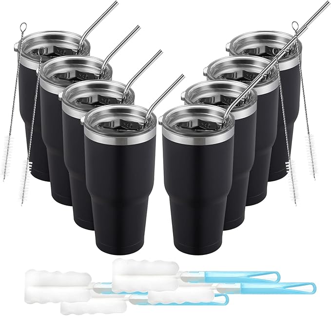 COMOOO 30oz Black Stainless Steel Tumbler Bulk with Lid Insulated Tumbler Coffee Cup Durable Double Wall Vacuum Travel Coffee Mug Thermal for Hot and Cold Drinks (Black, 8 Pack)