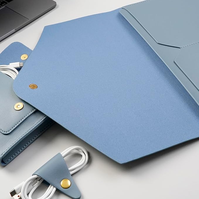 PU Leather Laptop Sleeve 13 Inch Compatible with 2024 13inch MacBook Air M3,13 MacBook Pro M2, Surface Pro 3 4 5 6 7, Dell XPS 13 with Small Pouch, Mouse Pad and Cord Organizer Color Blue