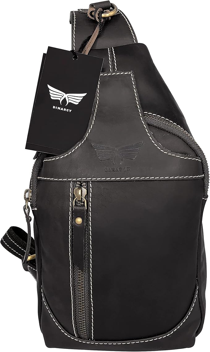 Leather Cross-body Sling Bag Casual Daypack Backpack Chest Shoulder Multi-Purpose Timeless Design Small Men (Black)