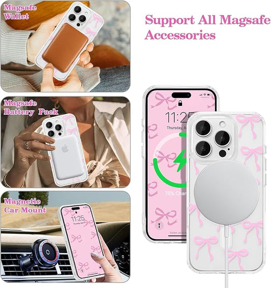 UEEBAI Magnetic for iPhone 13 Pro Case, Bow Case Compatible with MagSafe, Wireless Slim Clear Ribbon Aesthetic Phone Cover Anti-Yellowing Shockproof Protective Cover for Women Girl - Pink