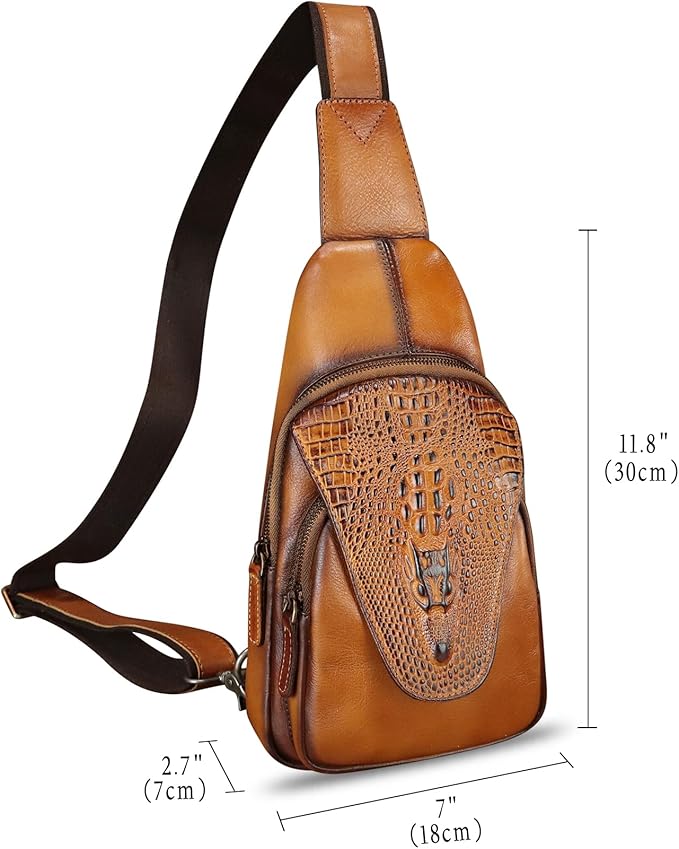 Genuine Leather Sling Bag Embossed Crocodile Pattern Leather Crossbody Sling Backpack Handmade Chest Purse Daypack (Brown)