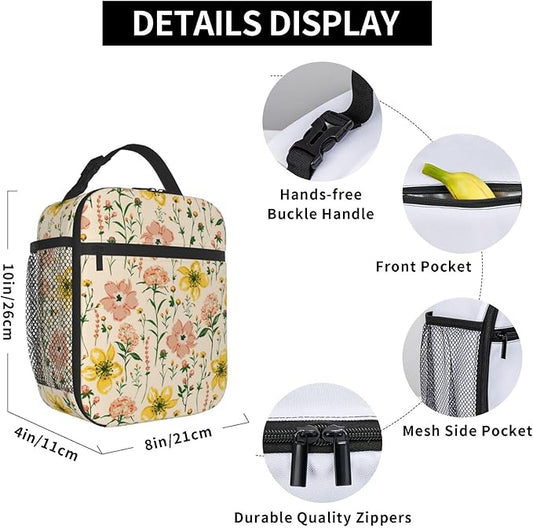 Insulated Lunch Box for Women Kids Floral Lunch Box for Work,Picnic,School,Travel,Hiking,Beach or Fishing Polyester Wild Flower Meadow Floral Theme Lunch Bag