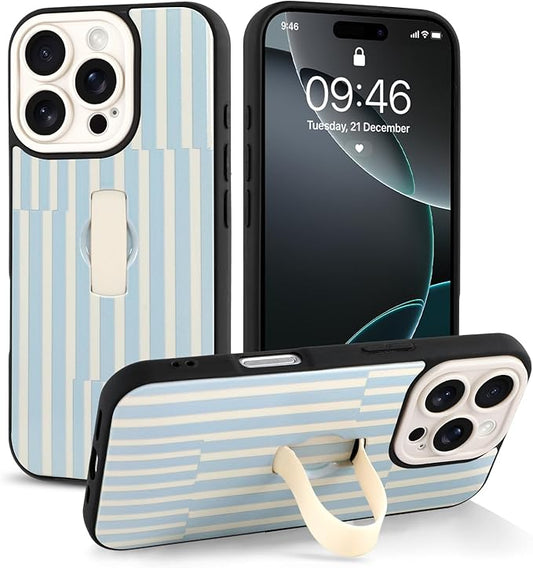Compatible with iPhone 16 Pro Case with Finger Hand Strap Kickstand, Trendy Cool Striped Phone Case for Women Men, Full Camera Protection Shockproof Protective Cover, White and Blue Stripes