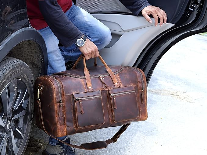 28" Vintage Duffel Classic Style with Modern Outlook Retro Thick Full Grain Cowhide Handmade Airplane Underseat Carry On Bags Leather Gym Overnight Luggage Bag (24 inch)