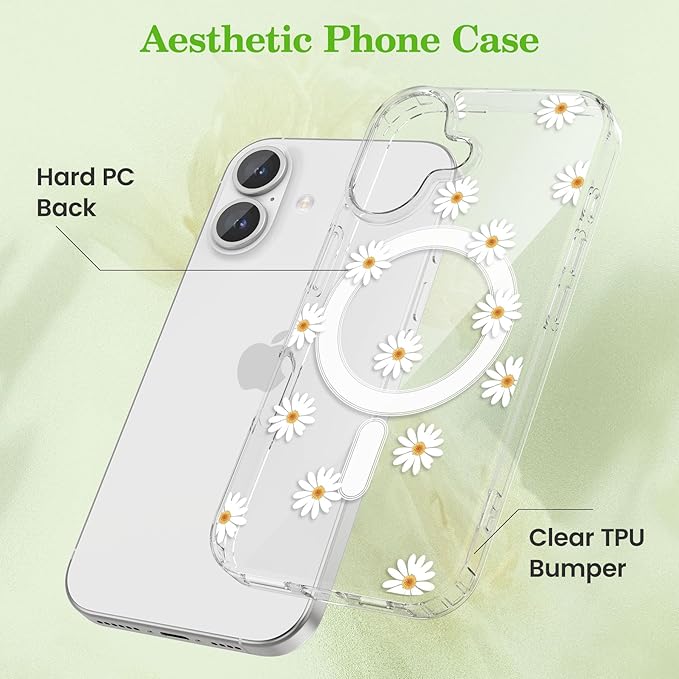 ZTOFERA for iPhone 16 Magnetic Case Compatible with Magsafe,Aesthetic Floral Pattern Design Cute for Girl Women,Anti-Drop Protective Hard Phone Cover for iPhone 16-Daisy