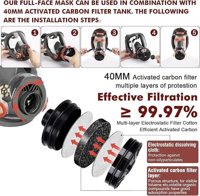 Gas Masks Survival Nuclear and Chemical - Reusable Full Face Respirator Gas Mask with Activated Carbon Filter