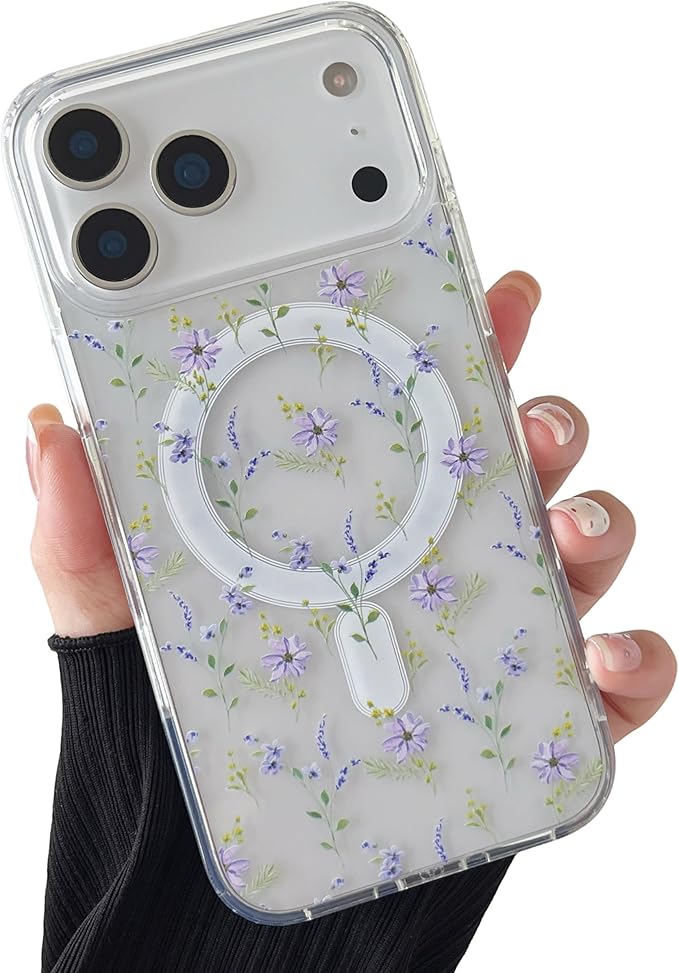 ZTOFERA for iPhone 17 Pro Magnetic Case Compatible with Magsafe,Aesthetic Floral Pattern Design Cute for Girl Women,Anti-Drop Protective Hard Phone Cover for iPhone 17 Pro-Purple Flower
