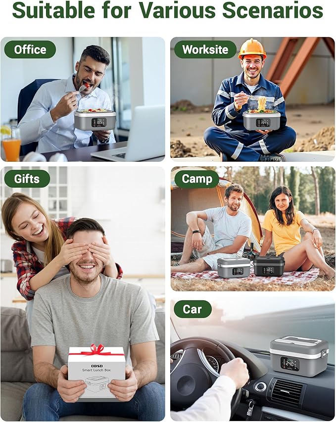 ODSD Cordless Electric Lunch Box for Adults, 16000mAh Rechargeable Self-Heating Lunch Box Food Warmer with Timer & Adjustable Heating, 34oz/1L Container with Insulated Bag for Office Car Outdoor