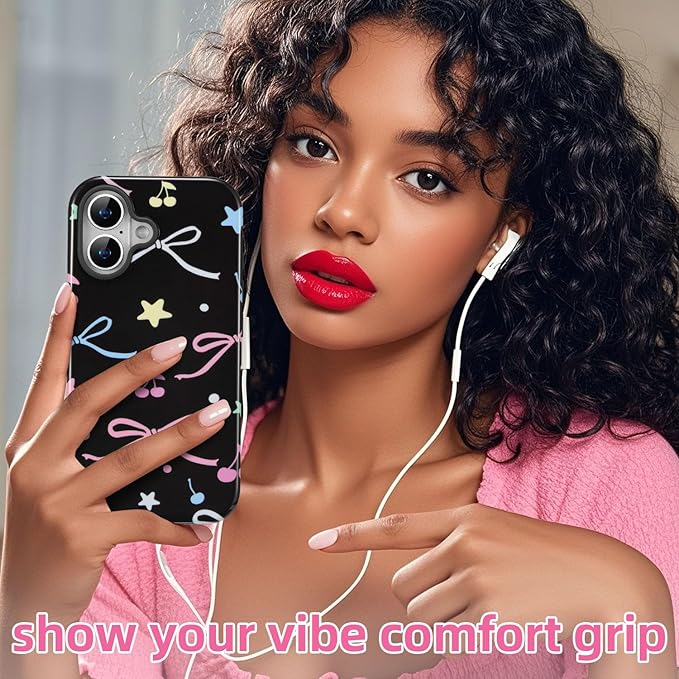 QLTYPRI Case for iPhone 16, Aesthetic Colorful Bow Cherry Stars Phone Case for Girls Women, Protective Hybrid 2-Layer Hard Shell Silicone Cover Durable Shockproof Phone Cover - Black