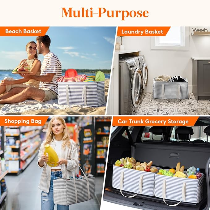 Lifewit Extra Large Tote Bag, Reusable Grocery Bags with Metal Wire Frame and Handles, Standing Utility Foldable Shopping Bags for Storage, Picnics, Beach, Pool, Laundry, Car 2 Packs 46L Gray and Blue