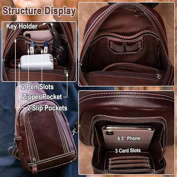 Genuine Leather Sling Bag for Men and Women Crossbody Shoulder Bag Sling Backpack Chest Purse Cross Body Pouch