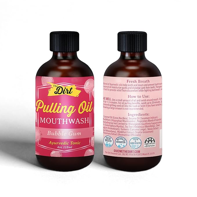 THE DIRT Oil Pulling Mouthwash - Gluten Free - Removes Plaque, Tartar, Bad Breath & Whitens Teeth (Bubblegum, 4 Ounce)
