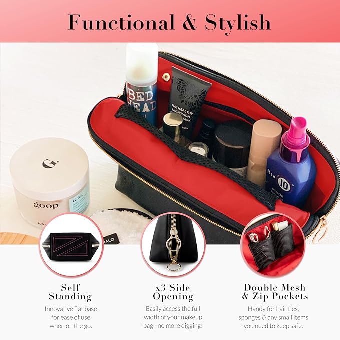 KUSSHI Washable Travel Makeup & Cosmetic Bag - Brush Organizer Sold Separately (Vacationer, Satin Black/Red)