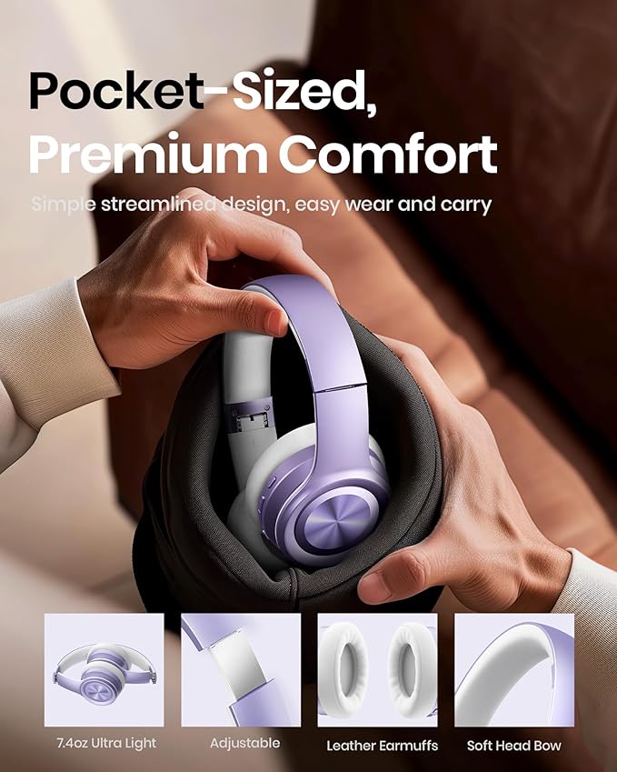 Picun Solo6 Wireless Bluetooth Headphones, 5EQ Music Mode, On-Ear Headphone with Built-in Microphone, Foldable Headset with 140H Battery Life, App Control for Girls, Home, School, Travel (Purple)