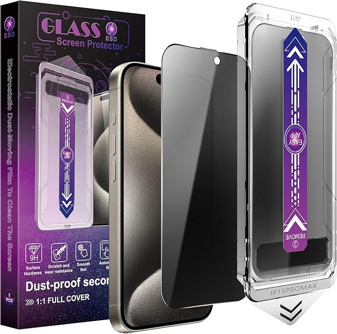 CHISHA 2-Pack Privacy Screen Protector for iPhone 15 Pro Max 6.7-Inch, Auto Dust Removal, No Bubbles,Anti-Spy Tempered Glass Film, Easy Installation