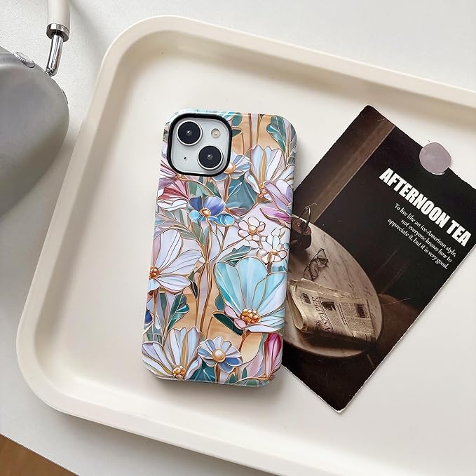 QLTYPRI Flower Case for iPhone 15, Aesthetic Cute Floral Phone Case for Girls Women, Protective Hybrid 2-Layer Hard Shell Silicone Cover Durable Shockproof Phone Cover - Bloom Flower