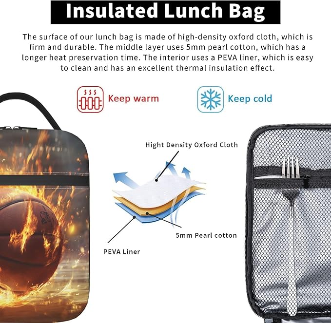 Basketball Lunch Box Insulated Lunch Bag for kids Girls Boys Women,Reusable Lunch Box Containers for Women Men,Durable Cooler Tote Bag Lunchbox for Office/School/Picnic