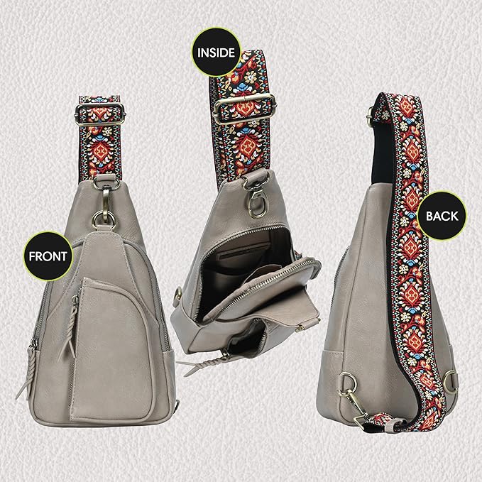 Antik Kraft Tasha Webbing Strap Sling (Taupe) | Vegan Leather Crossbody Bag for Women with 16-20" Strap | Sling Bags for Women with Durable Antique Brass Hardware | 7in x 2.5in x 12.5in |