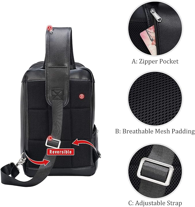 Polare Modern Style Sling Shoulder Bag Men’s Travel/Hiking Daypack with Full Grain Italian Leather and YKK Zippers