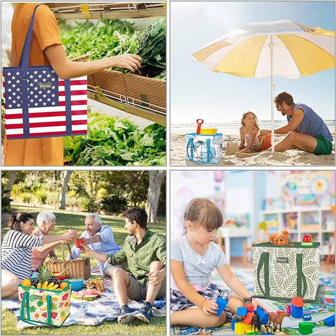 BALEINE 3Pk Reusable Grocery Bags, Foldable Shopping Bags for Groceries with Reinforced Bottom & Handles (Color Stripe)