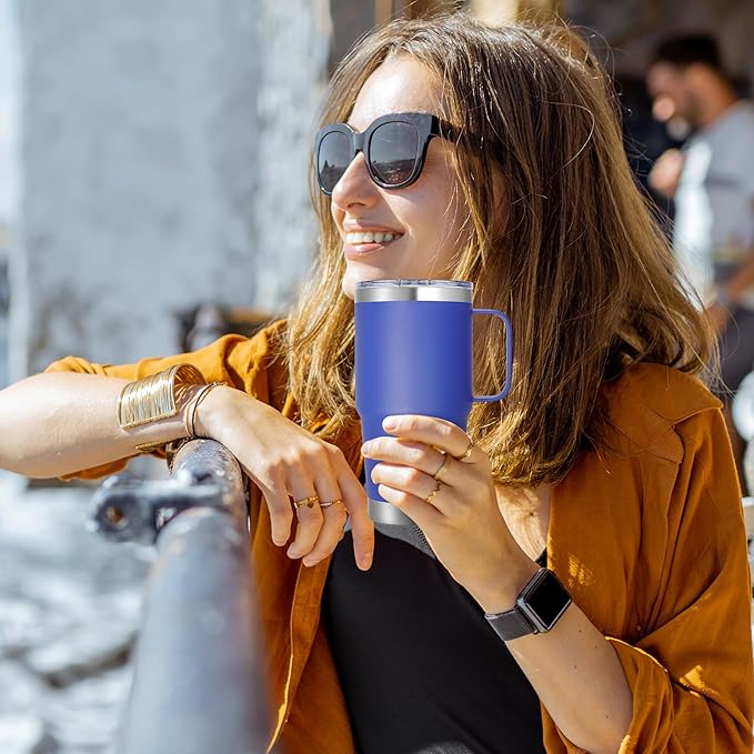 20 oz Stainless Steel Tumbler with Handle Bulk Metal Insulated Tumblers Travel Coffee Mug with Handle Double Wall Tumbler Cup with Lid and Straw, Blue 12 Pack