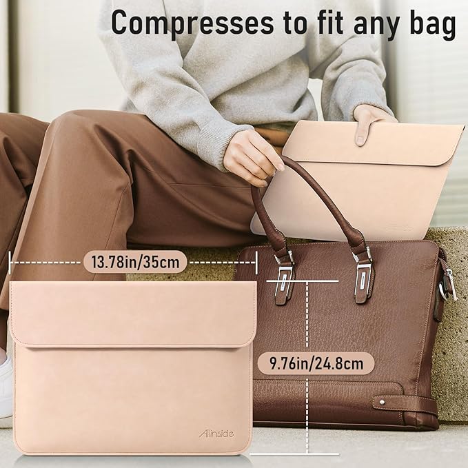 Allinside 13 Inch Laptop Sleeve Case for MacBook Air 13 2018-2025/MacBook Pro 13 2016-2022/Macbook Pro 14 2021-2024, Waterproof PU Leather Horizontal Envelope Protective Case Cover, Flesh Pink