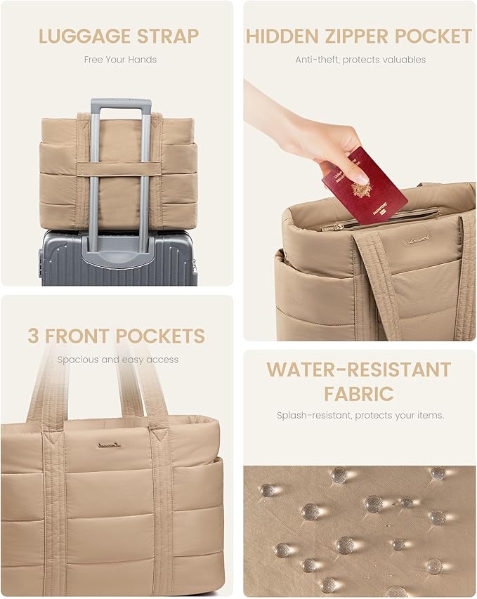 LOVEVOOK Tote Bag for Women, Large Puffer Work Tote Bag for 15.6 Inch Laptop, Lightweight Travel Tote with Zipper Gifts for Women