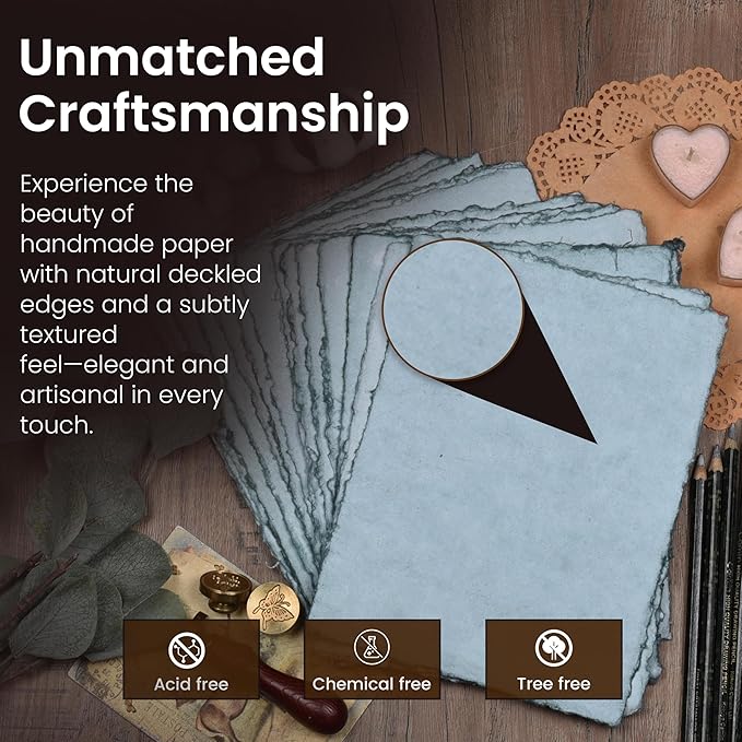 LEATHER VILLAGE Watercolor Paper - 8 X 6 inches, 50 Sheets - Mixed Media Watercolor Paper - 150 GSM Thick Deckle Edge Virgin Cotton Handmade Paper - Grey Toned