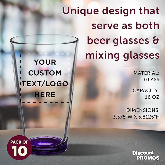 Custom Arc Pint Glass 16 oz. Set of 10, Personalized Bulk Pack - Beer Glasses, Heavy Duty Drinkware - Purple