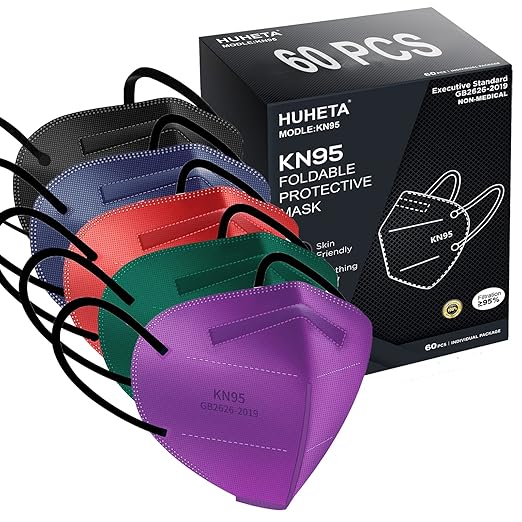 HUHETA KN95 Face Masks Individually Wrapped 60 Packs, 5-Ply Breathable Protective Disposable KN95 Mask for Adults, Multicolor