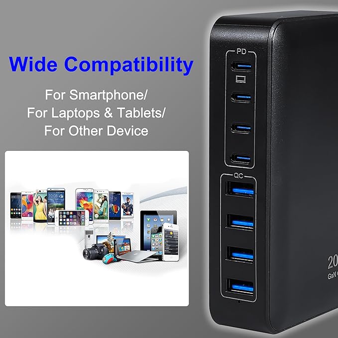 GaN 200W 8-Port USB Fast Charging Station | PD 65W Laptop & Multi-Device Adapter | Compatible with MacBook Pro/Air, iPhone 16/15/14, Galaxy S23/22 (Black)