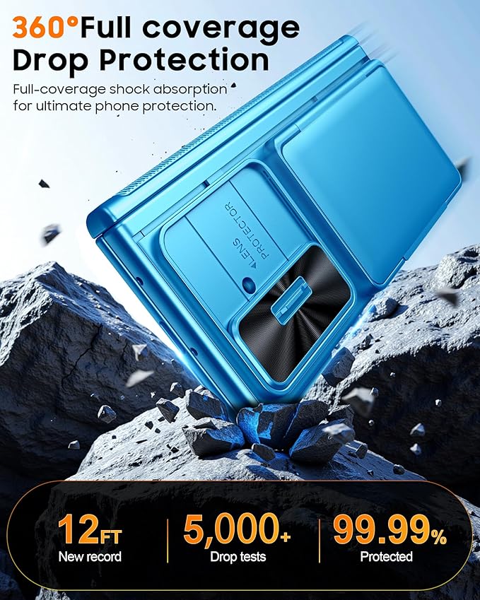 CENMASO for Samsung Galaxy Z Fold 7 Case with Card Holder [RFID Blocking] Camera Cover, Hinge Protection, Hidden Kickstand, Screen Protector, Slim Shockproof Phone Case for Galaxy Z Fold 7-Lake Blue